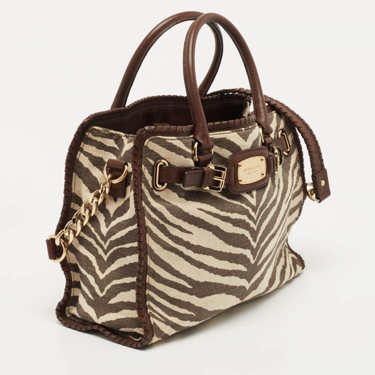 Pre Owned MICHAEL Michael Kors Brown Zebra Print Canvas and Leather Hamilton Whipstitch Tote