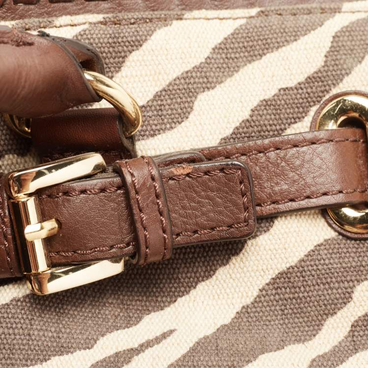 Pre Owned MICHAEL Michael Kors Brown Zebra Print Canvas and Leather Hamilton Whipstitch Tote