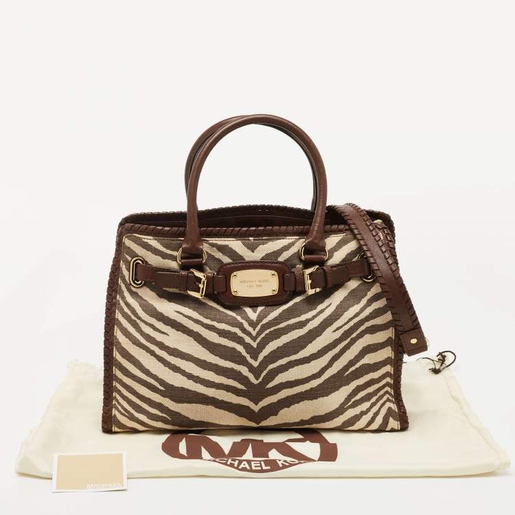 Pre Owned MICHAEL Michael Kors Brown Zebra Print Canvas and Leather Hamilton Whipstitch Tote