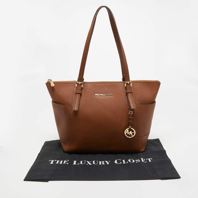 Pre Owned MICHAEL Michael Kors Brown Saffiano Leather Medium Jet Set Top Zip Tote