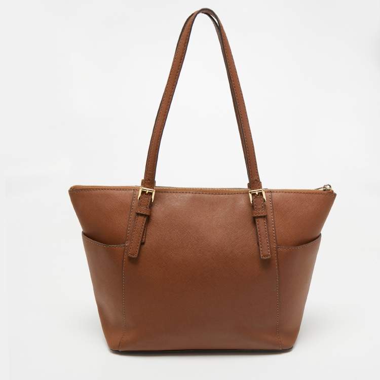 Pre Owned MICHAEL Michael Kors Brown Saffiano Leather Medium Jet Set Top Zip Tote