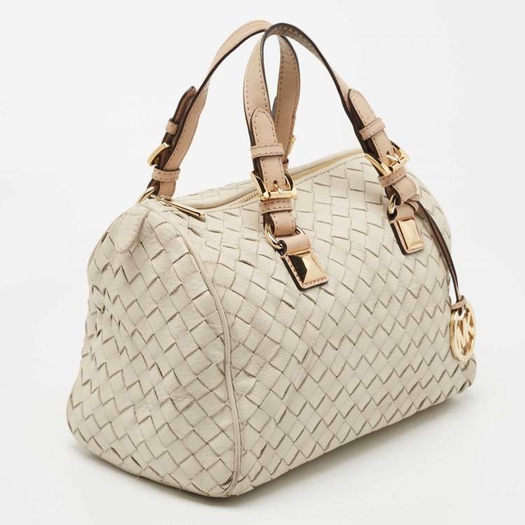 Pre Owned MICHAEL Michael Kors Off White/Beige Woven Leather Grayson Boston Bag