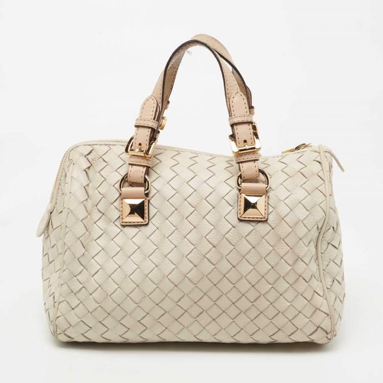 Pre Owned MICHAEL Michael Kors Off White/Beige Woven Leather Grayson Boston Bag