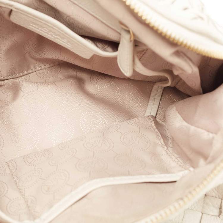 Pre Owned MICHAEL Michael Kors Off White/Beige Woven Leather Grayson Boston Bag