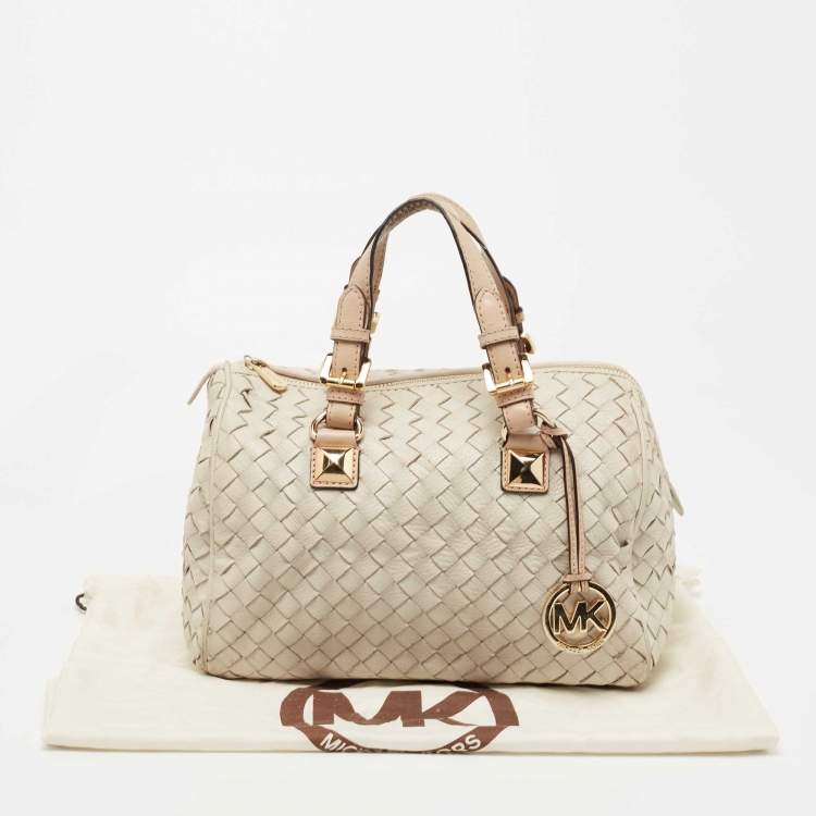 Pre Owned MICHAEL Michael Kors Off White/Beige Woven Leather Grayson Boston Bag