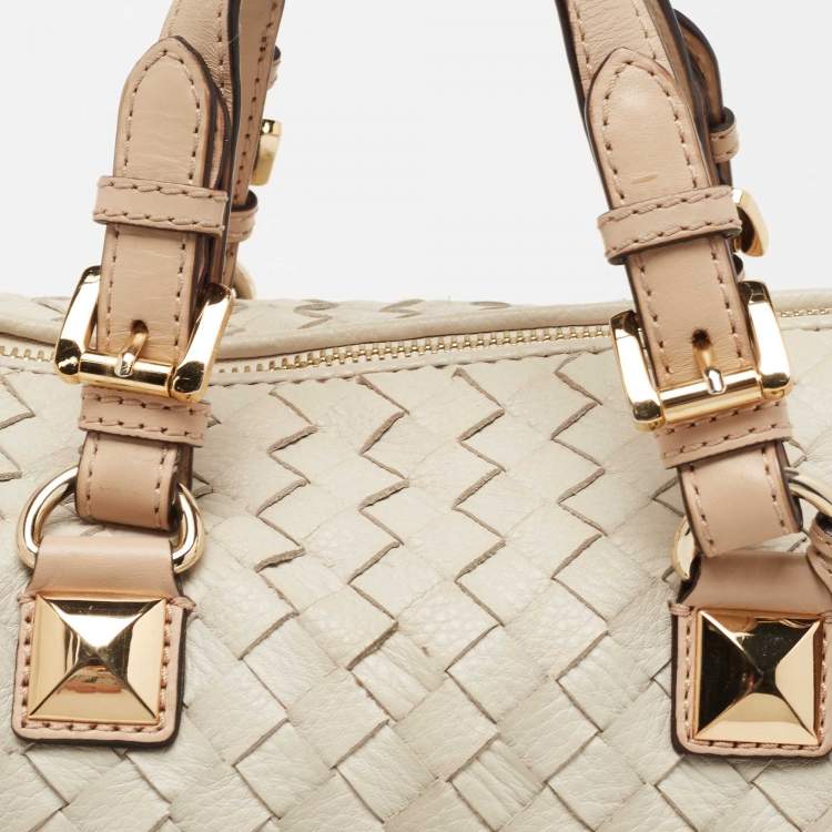 Pre Owned MICHAEL Michael Kors Off White/Beige Woven Leather Grayson Boston Bag