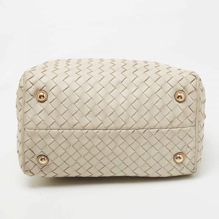 Pre Owned MICHAEL Michael Kors Off White/Beige Woven Leather Grayson Boston Bag