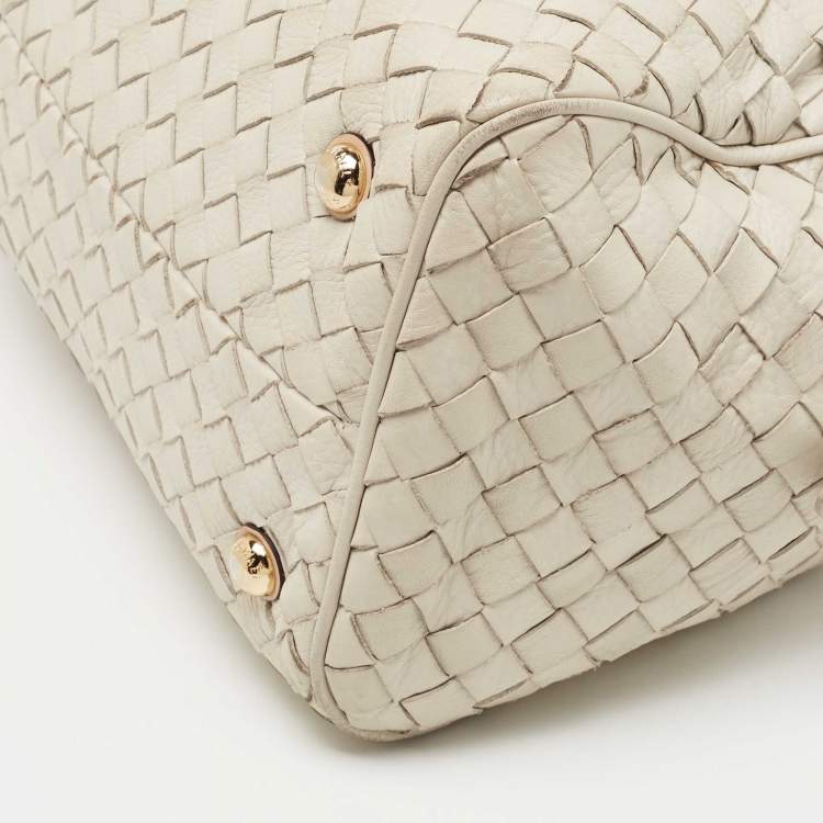 Pre Owned MICHAEL Michael Kors Off White/Beige Woven Leather Grayson Boston Bag