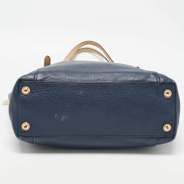Pre Owned MICHAEL Michael Kors Navy Blue/Beige Leather Medium Jet Set Top Zip Tote