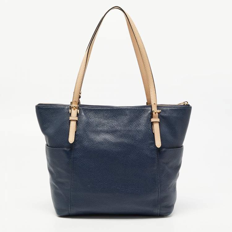 Pre Owned MICHAEL Michael Kors Navy Blue/Beige Leather Medium Jet Set Top Zip Tote