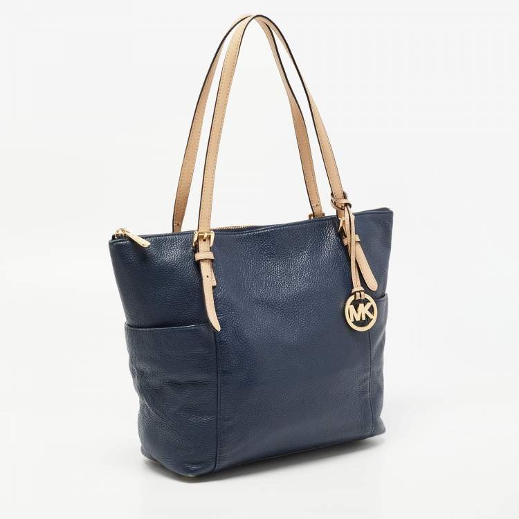 Pre Owned MICHAEL Michael Kors Navy Blue/Beige Leather Medium Jet Set Top Zip Tote