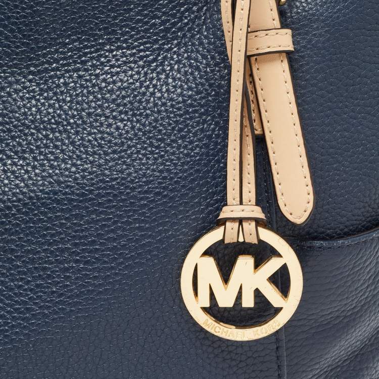 Pre Owned MICHAEL Michael Kors Navy Blue/Beige Leather Medium Jet Set Top Zip Tote