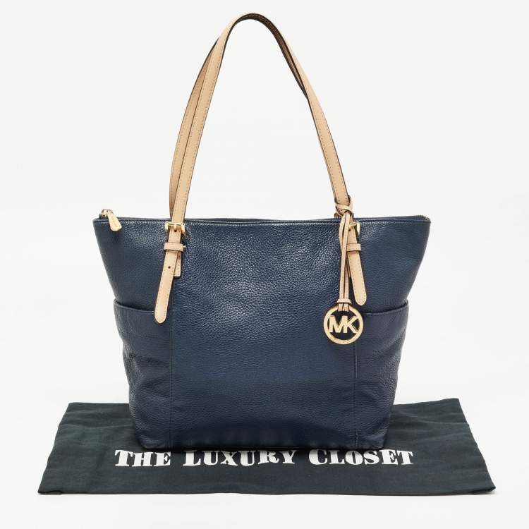 Pre Owned MICHAEL Michael Kors Navy Blue/Beige Leather Medium Jet Set Top Zip Tote