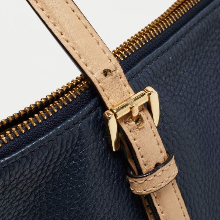 Pre Owned MICHAEL Michael Kors Navy Blue/Beige Leather Medium Jet Set Top Zip Tote