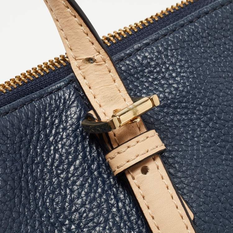 Pre Owned MICHAEL Michael Kors Navy Blue/Beige Leather Medium Jet Set Top Zip Tote