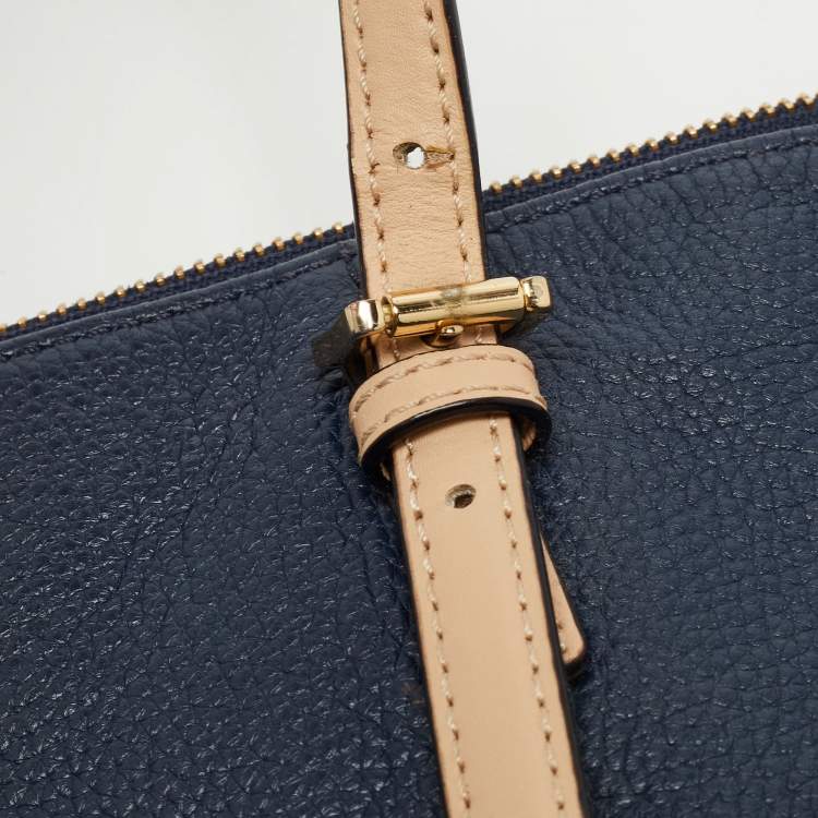Pre Owned MICHAEL Michael Kors Navy Blue/Beige Leather Medium Jet Set Top Zip Tote