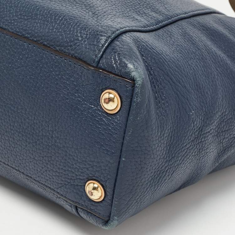 Pre Owned MICHAEL Michael Kors Navy Blue/Beige Leather Medium Jet Set Top Zip Tote