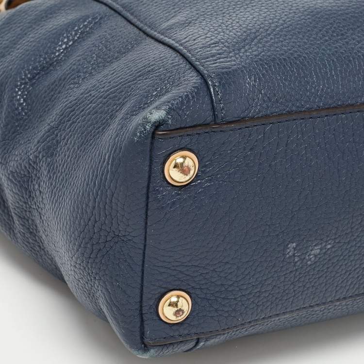 Pre Owned MICHAEL Michael Kors Navy Blue/Beige Leather Medium Jet Set Top Zip Tote