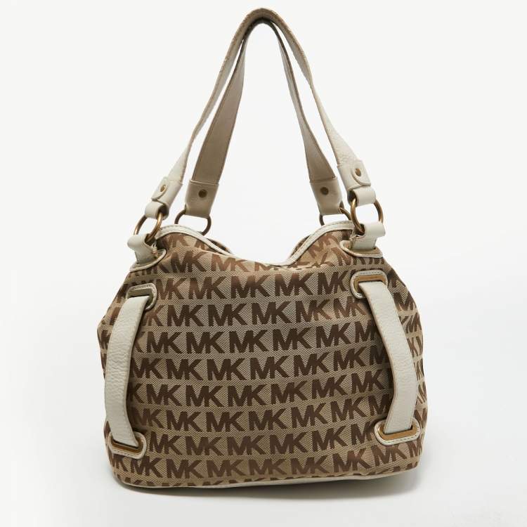 Pre Owned MICHAEL Michael Kors Beige/Off White Signature Canvas Front Pocket Tote