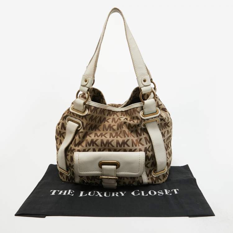 Pre Owned MICHAEL Michael Kors Beige/Off White Signature Canvas Front Pocket Tote