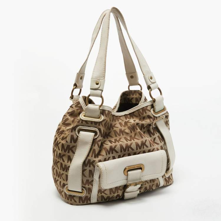 Pre Owned MICHAEL Michael Kors Beige/Off White Signature Canvas Front Pocket Tote