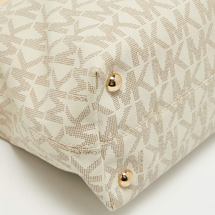 Pre Owned MICHAEL Michael Kors Ivory Signature Coated Canvas and Leather Jet Set Zip Tote 