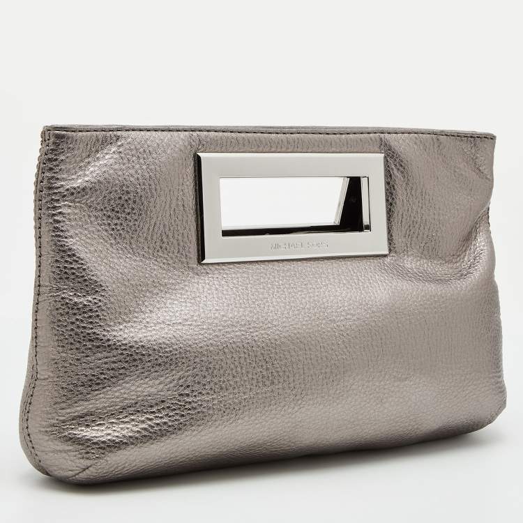 Pre Owned MICHAEL Michael Kors Metallic Grey Leather Top Handle Frame Clutch