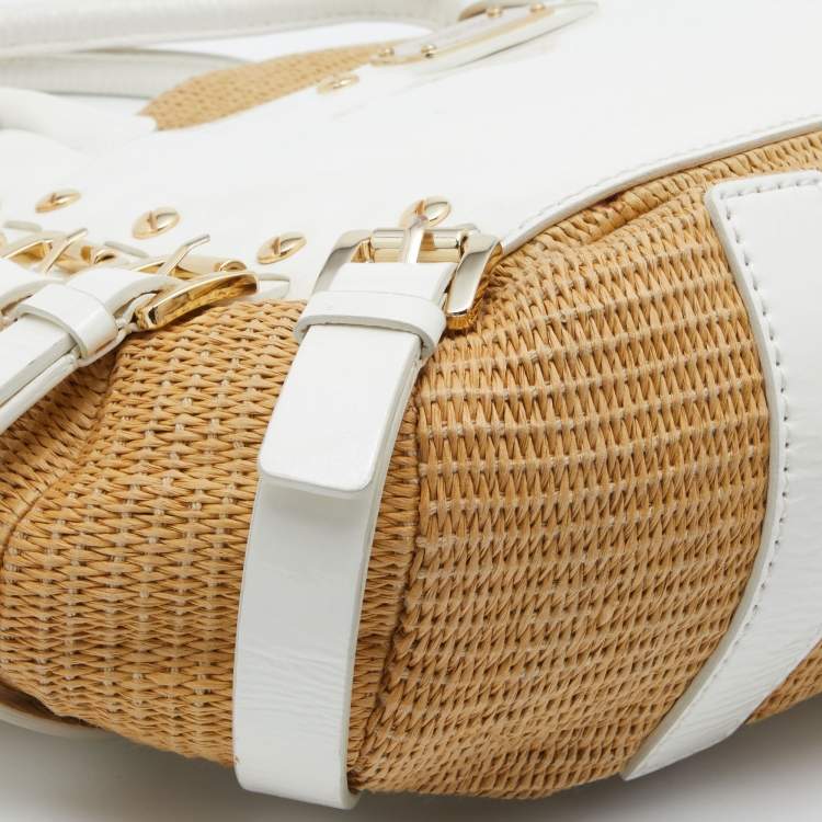 Pre Owned MICHAEL Michael Kors Beige/White Patent Leather and Raffia Hobo