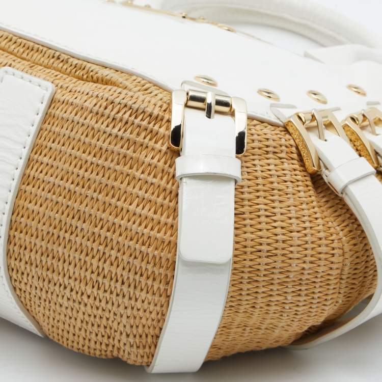 Pre Owned MICHAEL Michael Kors Beige/White Patent Leather and Raffia Hobo