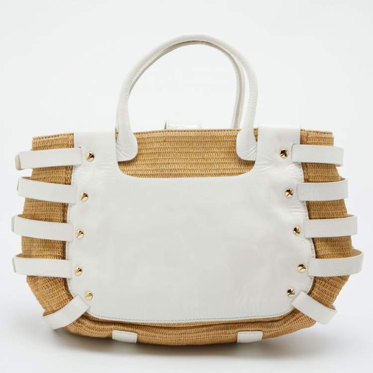 Pre Owned MICHAEL Michael Kors Beige/White Patent Leather and Raffia Hobo