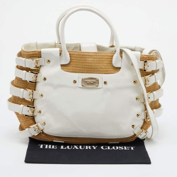 Pre Owned MICHAEL Michael Kors Beige/White Patent Leather and Raffia Hobo