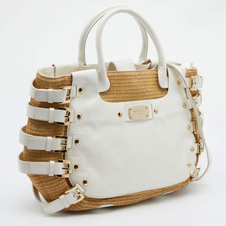 Pre Owned MICHAEL Michael Kors Beige/White Patent Leather and Raffia Hobo