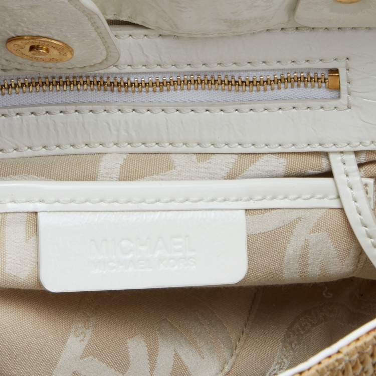 Pre Owned MICHAEL Michael Kors Beige/White Patent Leather and Raffia Hobo