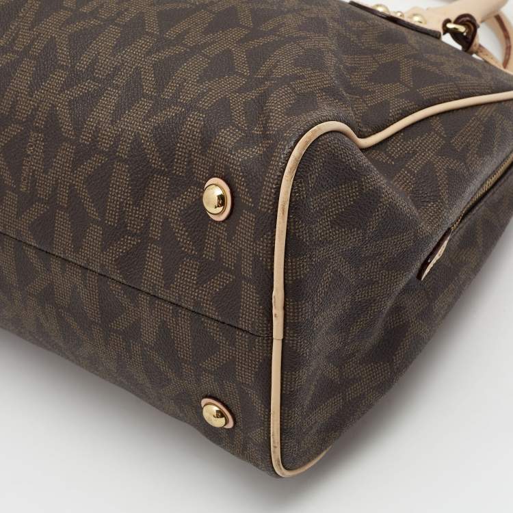 Pre Owned MICHAEL Michael Kors Brown Coated Canvas Large MK Signature Satchel