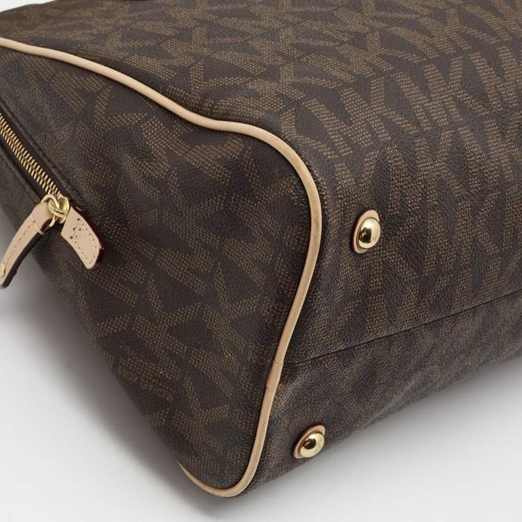 Pre Owned MICHAEL Michael Kors Brown Coated Canvas Large MK Signature Satchel