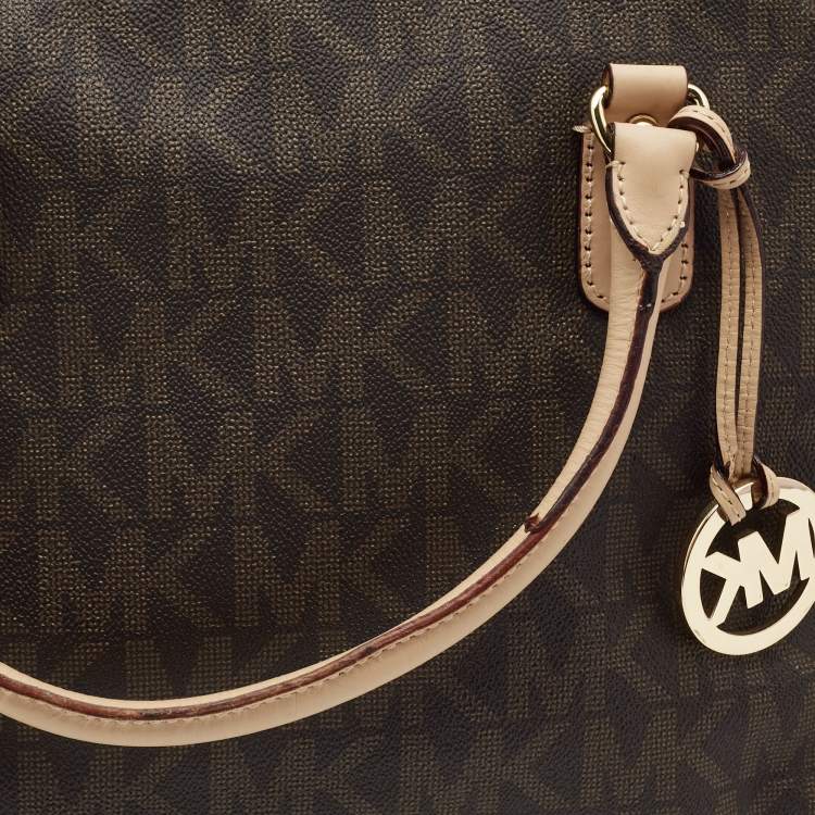 Pre Owned MICHAEL Michael Kors Brown Coated Canvas Large MK Signature Satchel