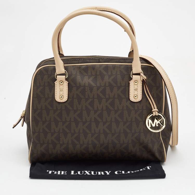 Pre Owned MICHAEL Michael Kors Brown Coated Canvas Large MK Signature Satchel