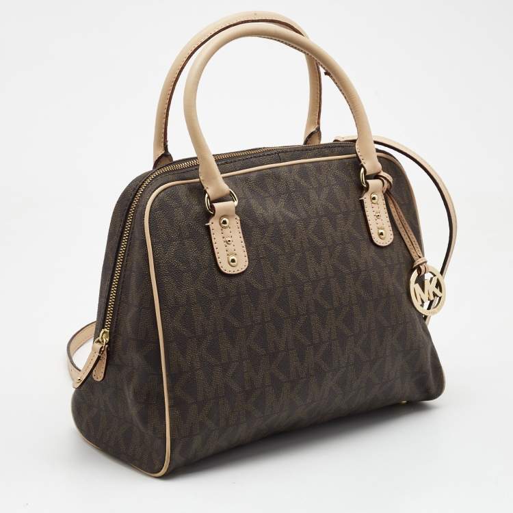 Pre Owned MICHAEL Michael Kors Brown Coated Canvas Large MK Signature Satchel