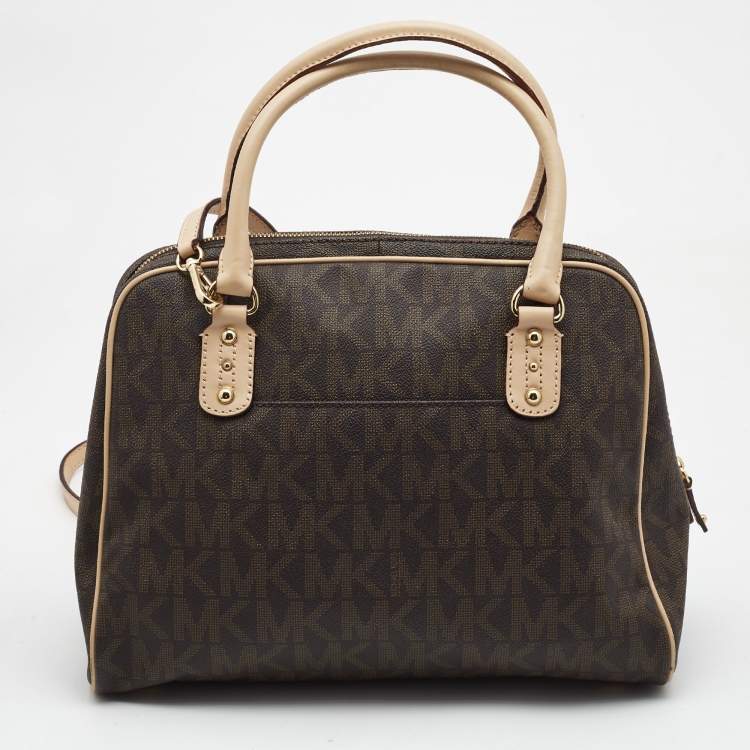 Pre Owned MICHAEL Michael Kors Brown Coated Canvas Large MK Signature Satchel