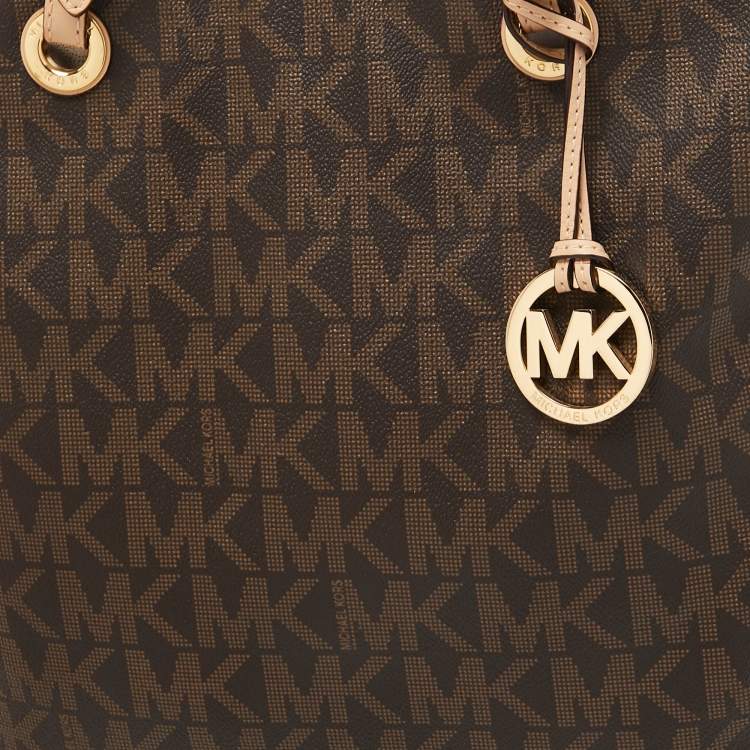 Pre Owned MICHAEL Michael Kors Brown Signature Coated Canvas and Leather Jet Set Tote