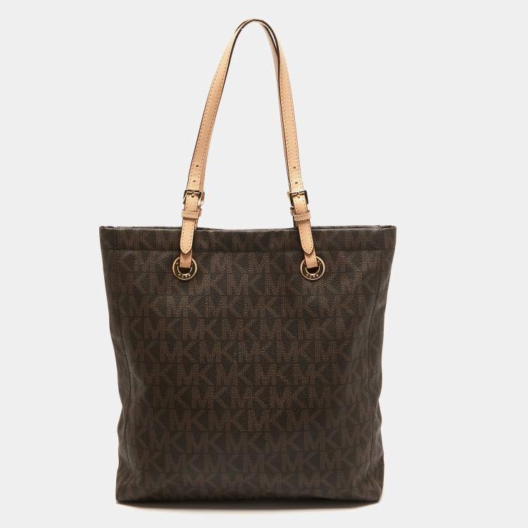Pre Owned MICHAEL Michael Kors Brown Signature Coated Canvas and Leather Jet Set Tote