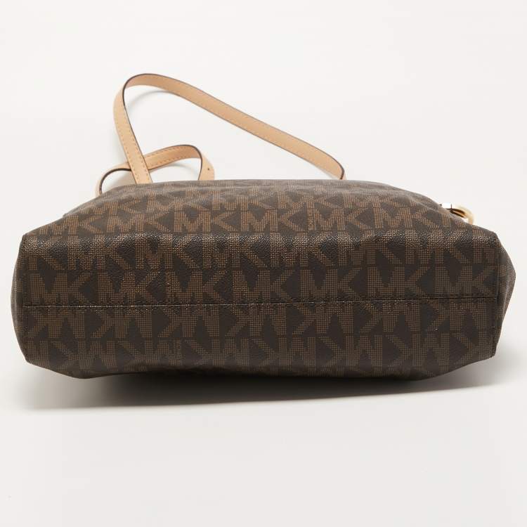 Pre Owned MICHAEL Michael Kors Brown Signature Coated Canvas and Leather Jet Set Tote