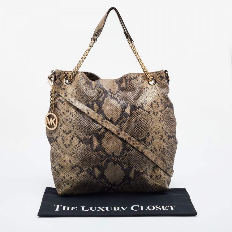 Pre Owned MICHAEL Michael Kors Beige Snakeskin Embossed Leather Cynthia Shoulder Bag