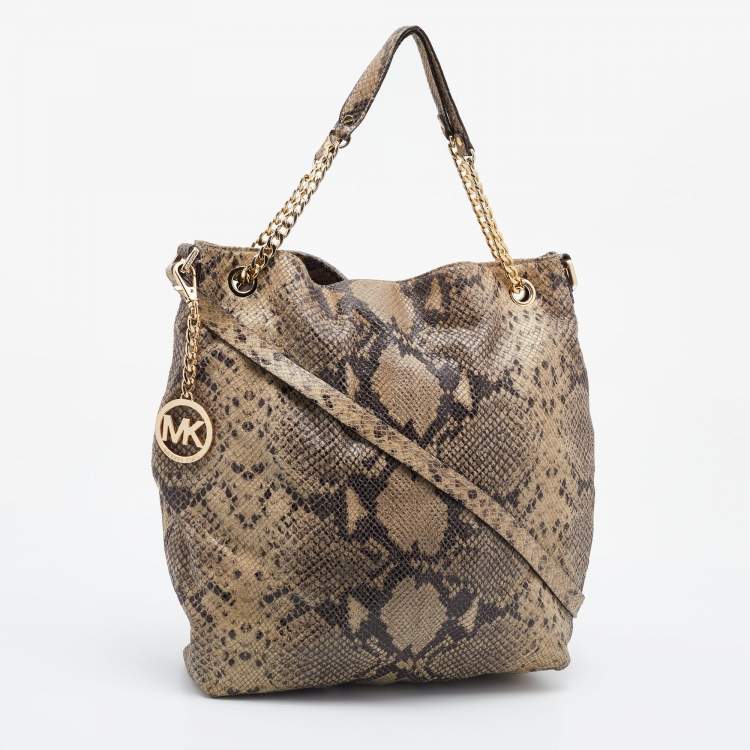 Pre Owned MICHAEL Michael Kors Beige Snakeskin Embossed Leather Cynthia Shoulder Bag