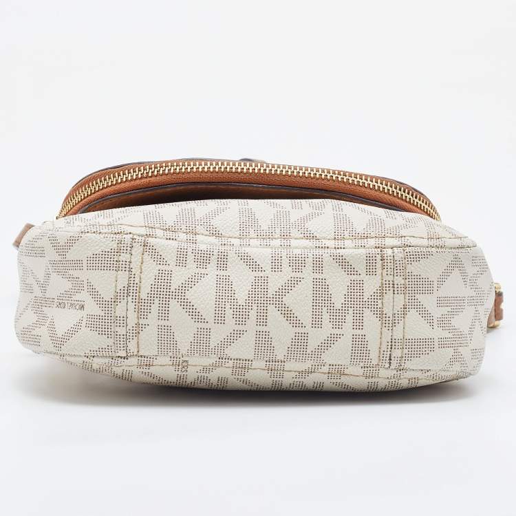 Pre Owned MICHAEL Michael Kors Ivory/Tan Signature Coated Canvas and Leather Crossbody Bag
