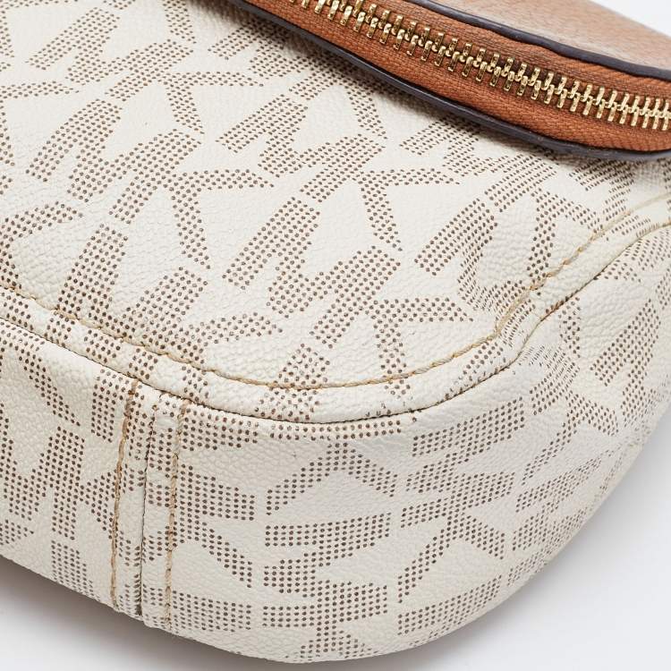 Pre Owned MICHAEL Michael Kors Ivory/Tan Signature Coated Canvas and Leather Crossbody Bag