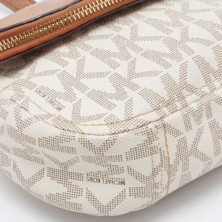 Pre Owned MICHAEL Michael Kors Ivory/Tan Signature Coated Canvas and Leather Crossbody Bag