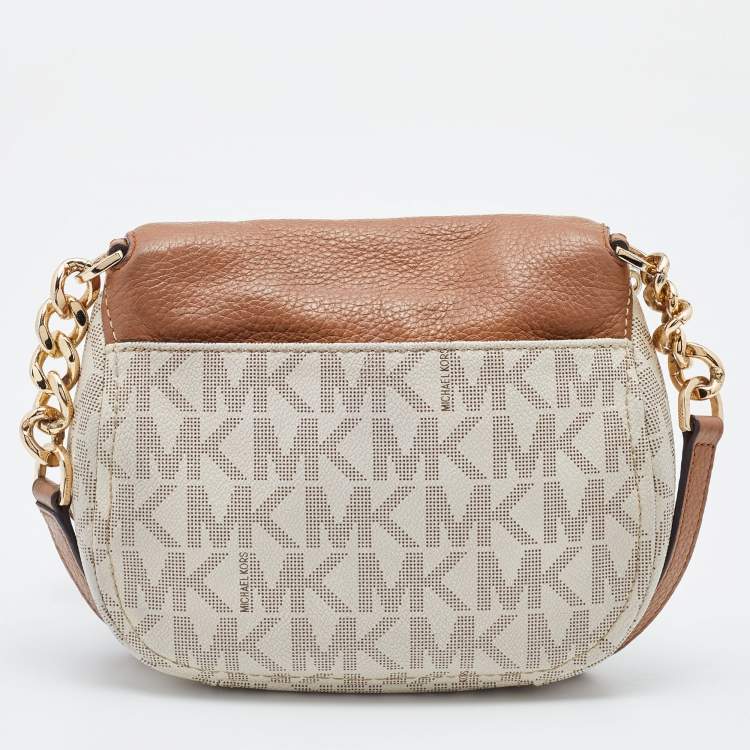 Pre Owned MICHAEL Michael Kors Ivory/Tan Signature Coated Canvas and Leather Crossbody Bag