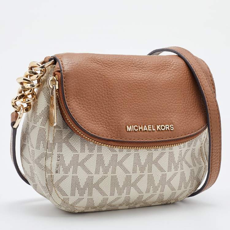 Pre Owned MICHAEL Michael Kors Ivory/Tan Signature Coated Canvas and Leather Crossbody Bag