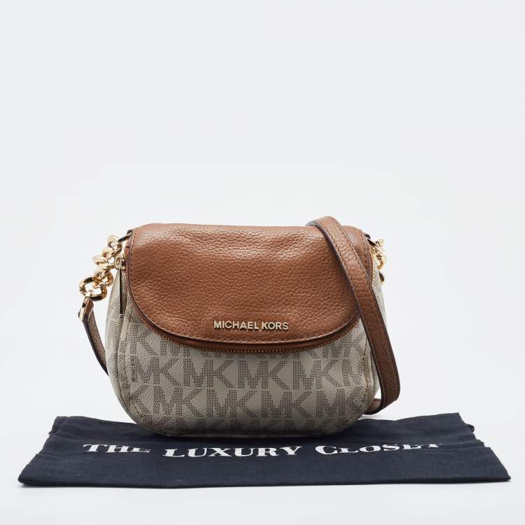 Pre Owned MICHAEL Michael Kors Ivory/Tan Signature Coated Canvas and Leather Crossbody Bag